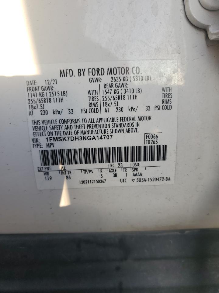 2022 FORD EXPLORER XLT VIN:1FMSK7DH3NGA14707