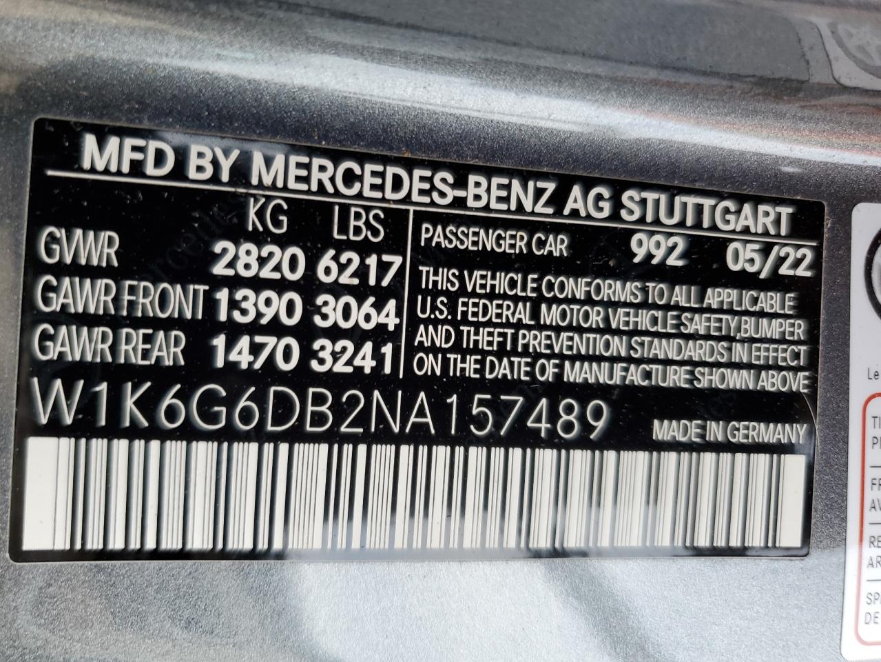 2022 MERCEDES-BENZ S 500 4MATIC VIN:W1K6G6DB2NA157489
