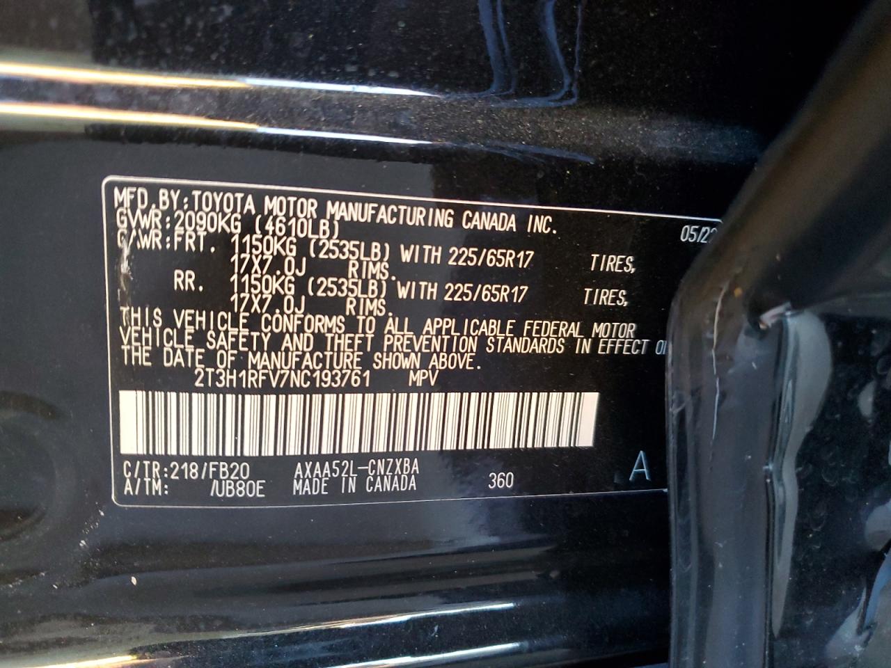 2022 TOYOTA RAV4 LE VIN:2T3H1RFV7NC193761