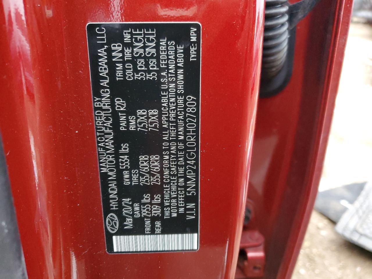 2024 HYUNDAI SANTA FE SEL VIN:5NMP24GL0RH027809