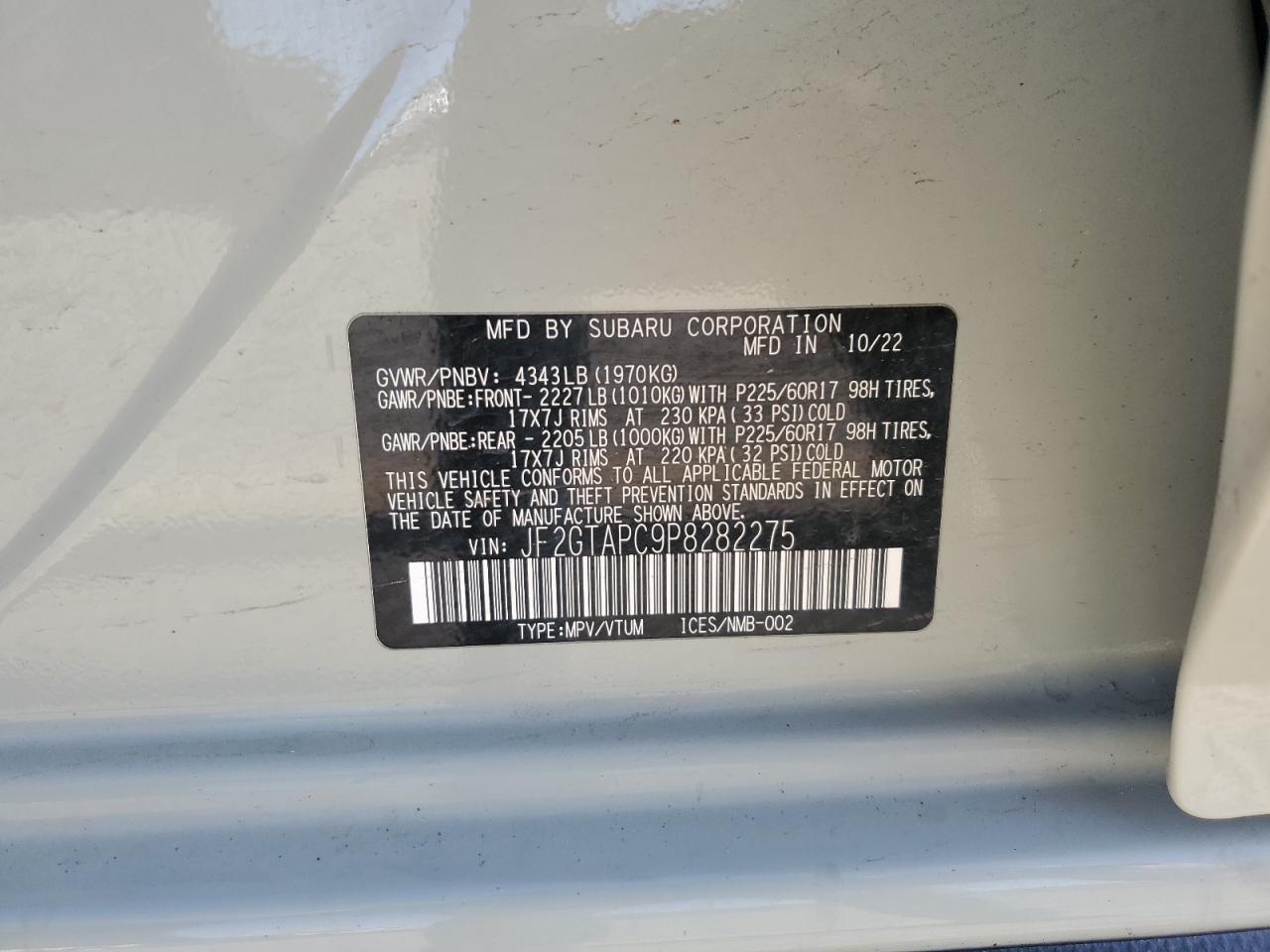 2023 SUBARU CROSSTREK PREMIUM VIN:JF2GTAPC9P8282275