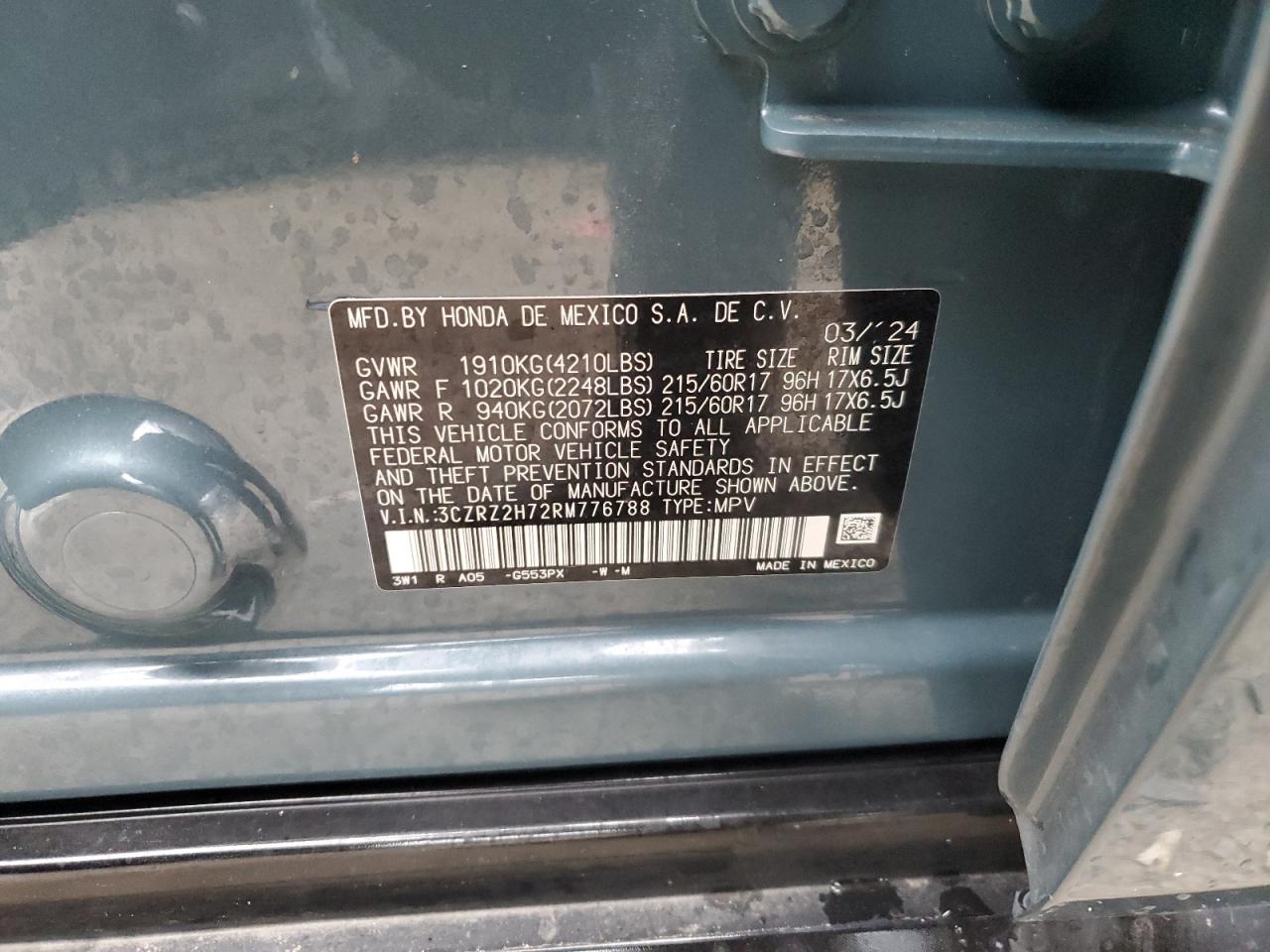2024 HONDA HR-V EXL VIN:3CZRZ2H72RM776788
