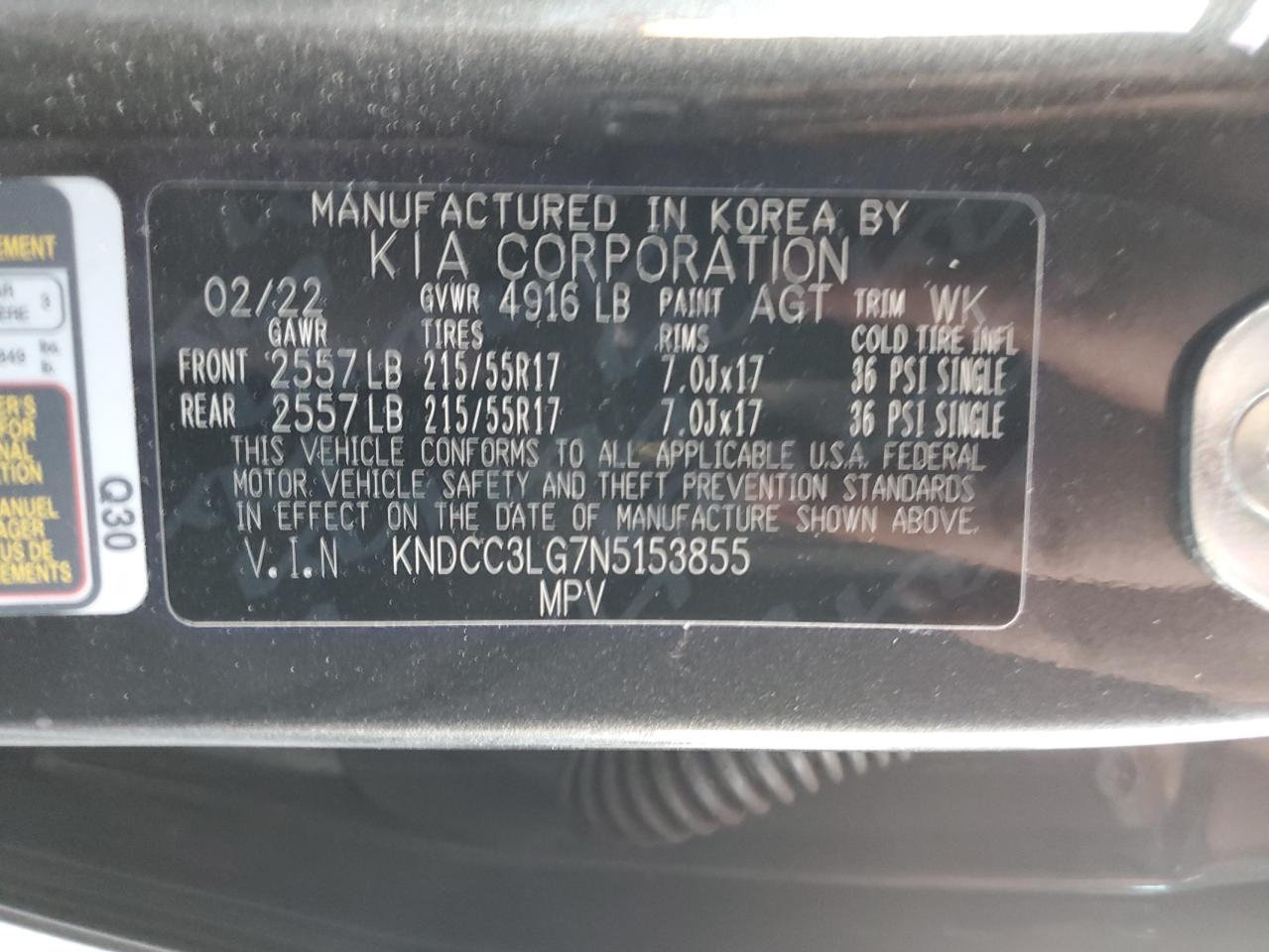 2022 KIA NIRO S VIN:KNDCC3LG7N5153855
