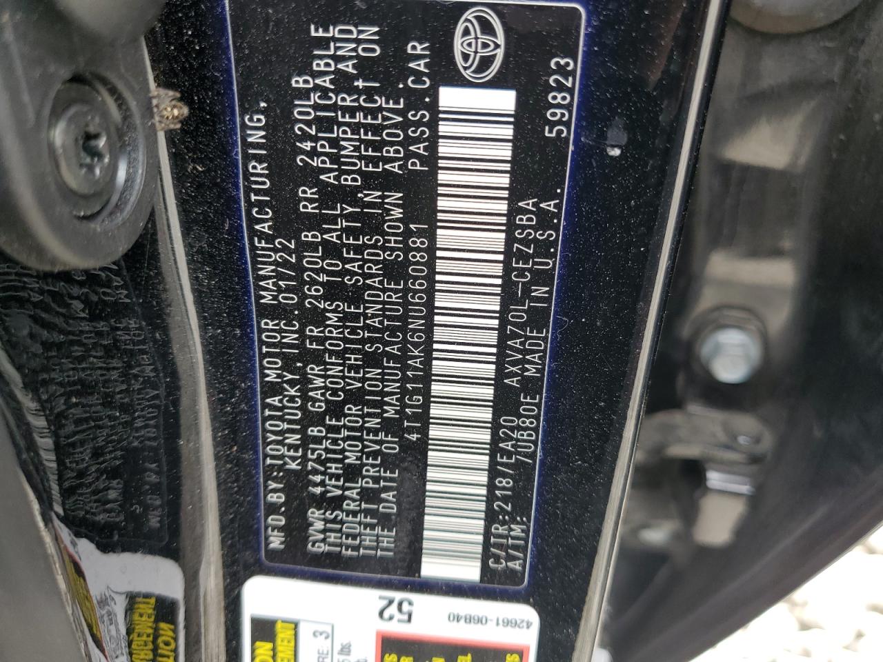 2022 TOYOTA CAMRY SE VIN:4T1G11AK6NU660881