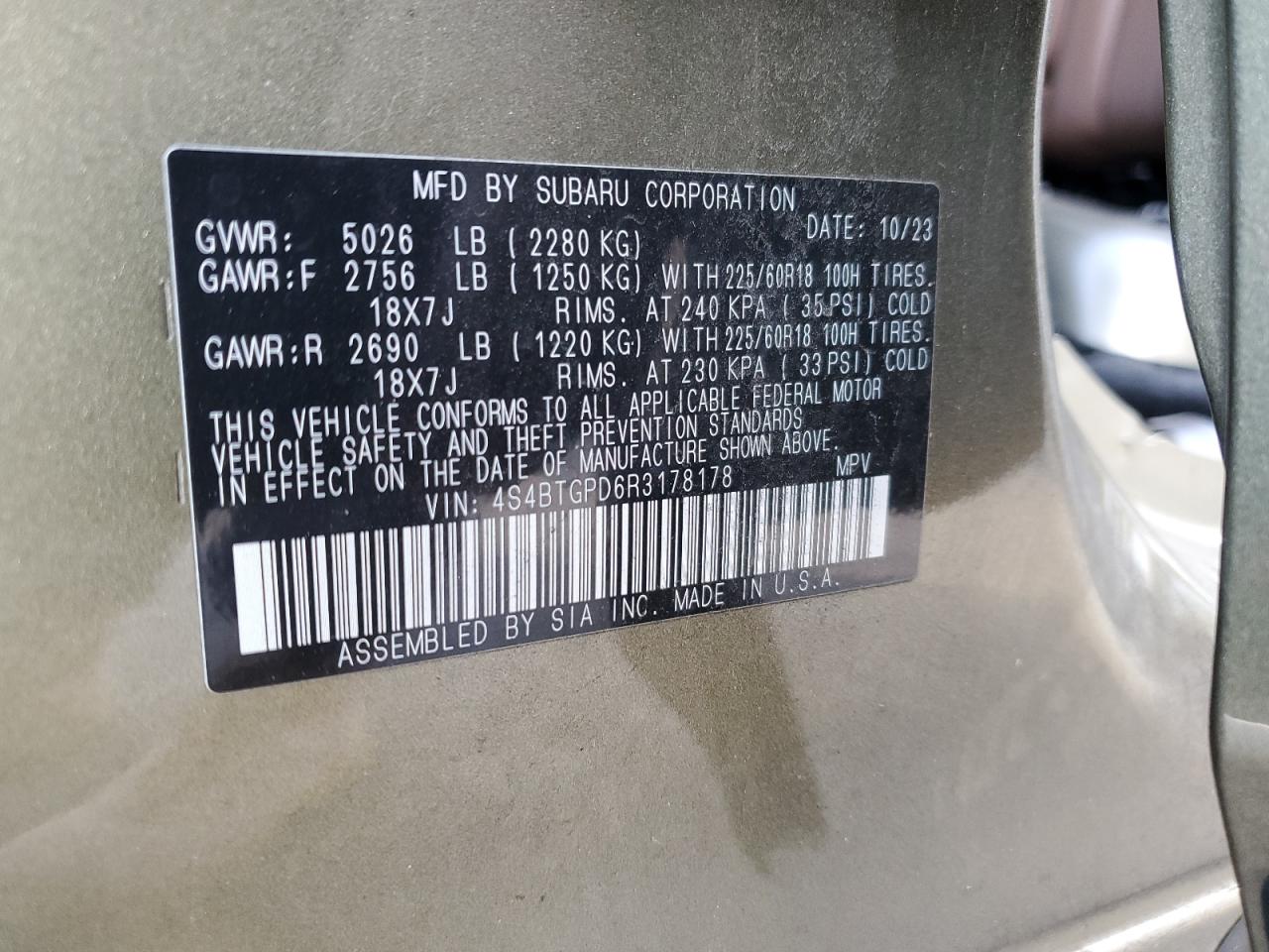 2024 SUBARU OUTBACK TOURING VIN:4S4BTGPD6R3178178