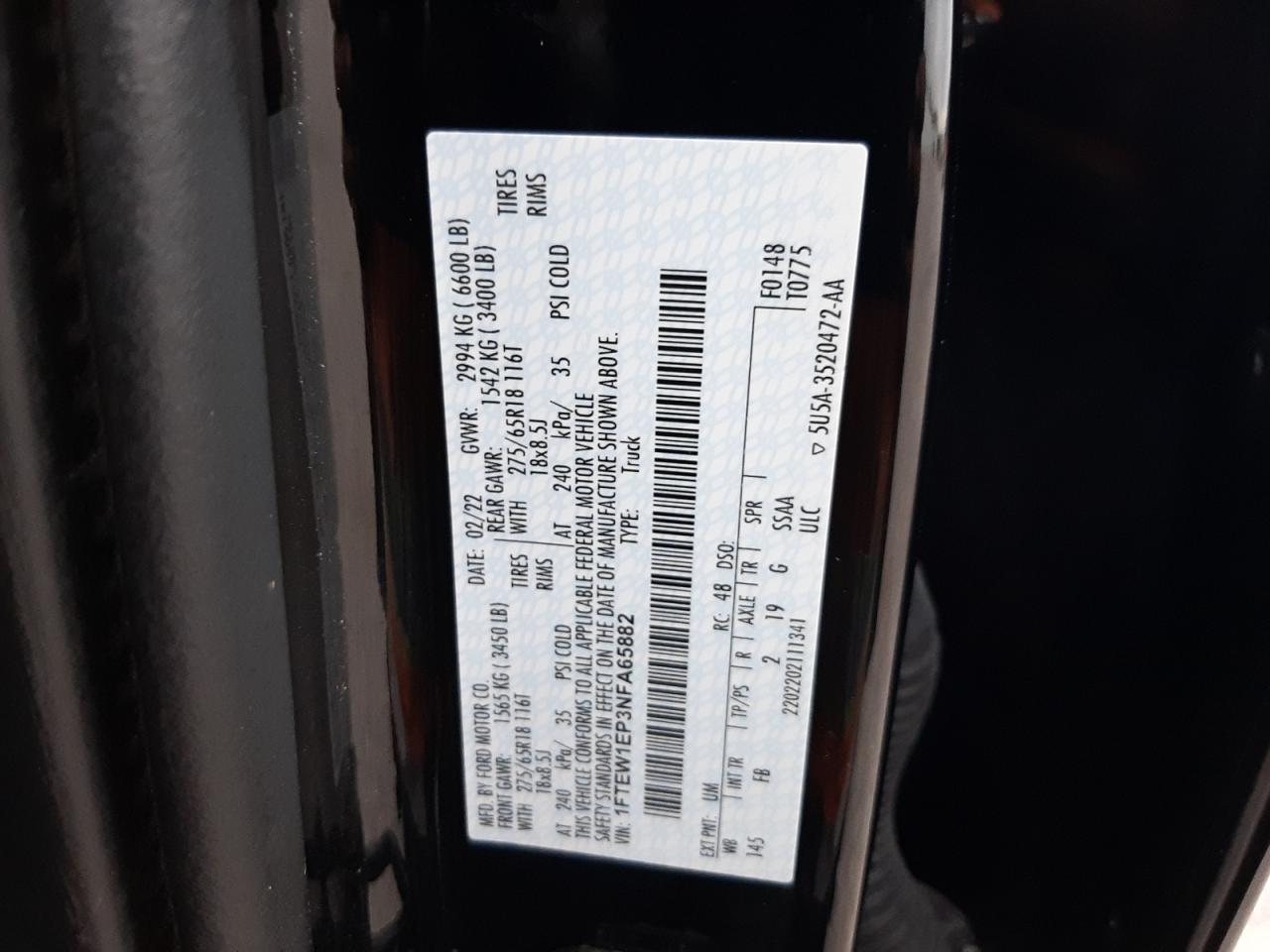 2022 FORD F150 SUPERCREW VIN:1FTEW1EP3NFA65882