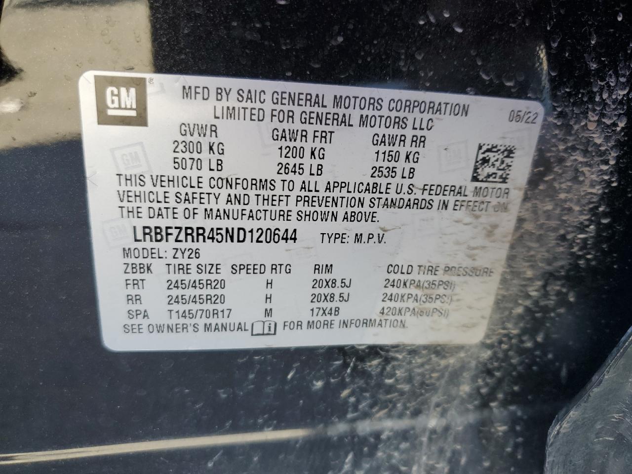 2022 BUICK ENVISION AVENIR VIN:LRBFZRR45ND120644