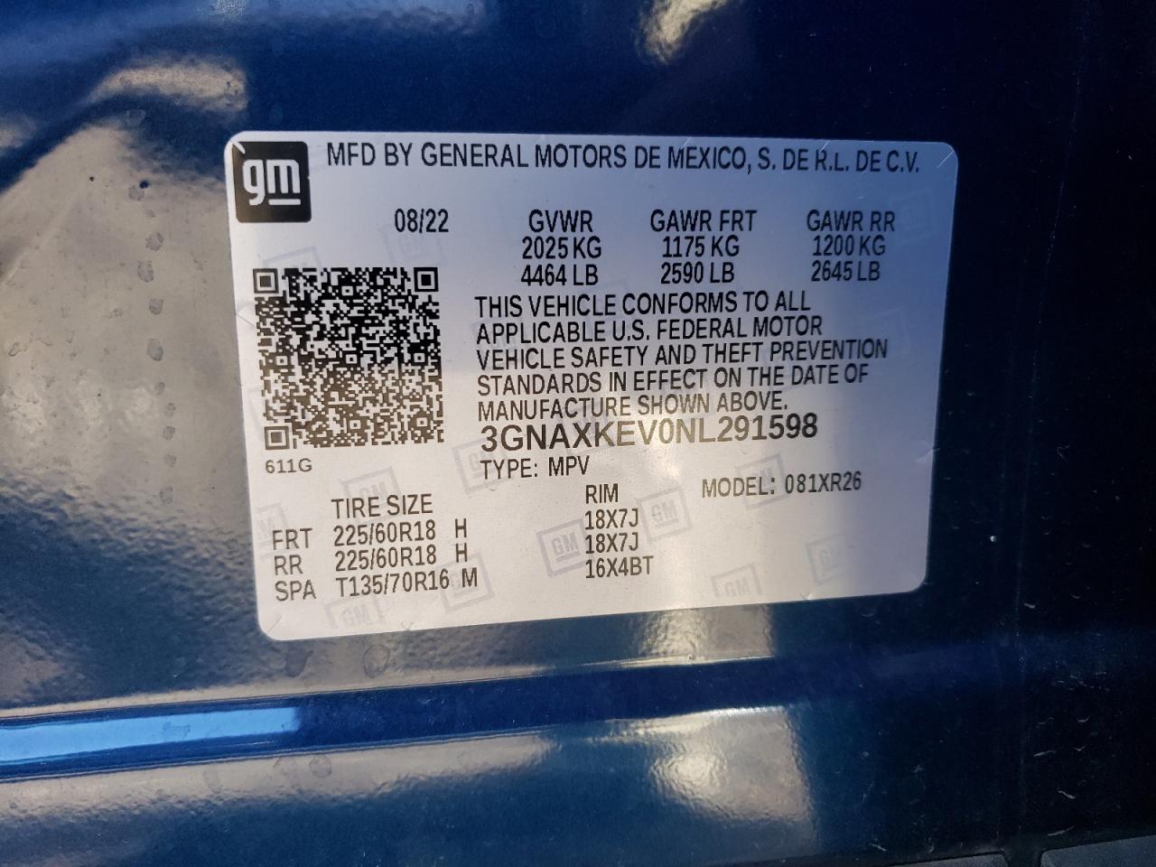 2022 CHEVROLET EQUINOX LT VIN:3GNAXKEV0NL291598