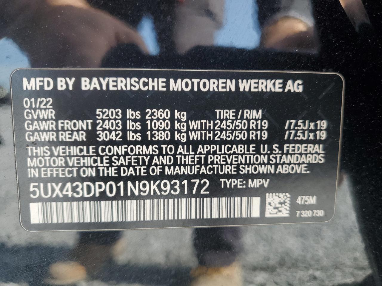 2022 BMW X3 SDRIVE30I VIN:5UX43DP01N9K93172