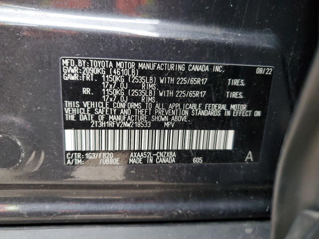 2022 TOYOTA RAV4 LE VIN:2T3H1RFV2NW218533