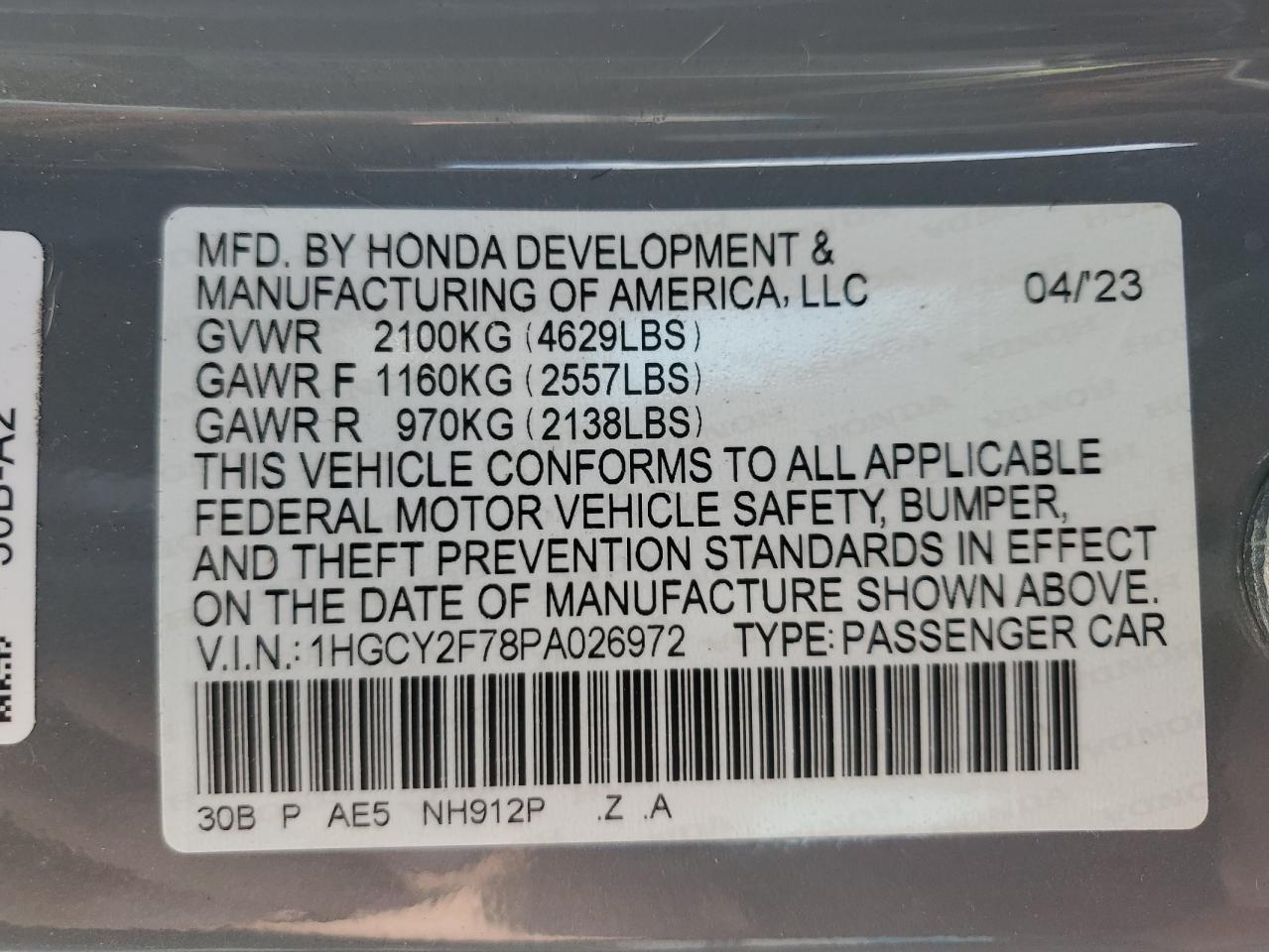 2023 HONDA ACCORD HYBRID SPORT-L VIN:1HGCY2F78PA026972