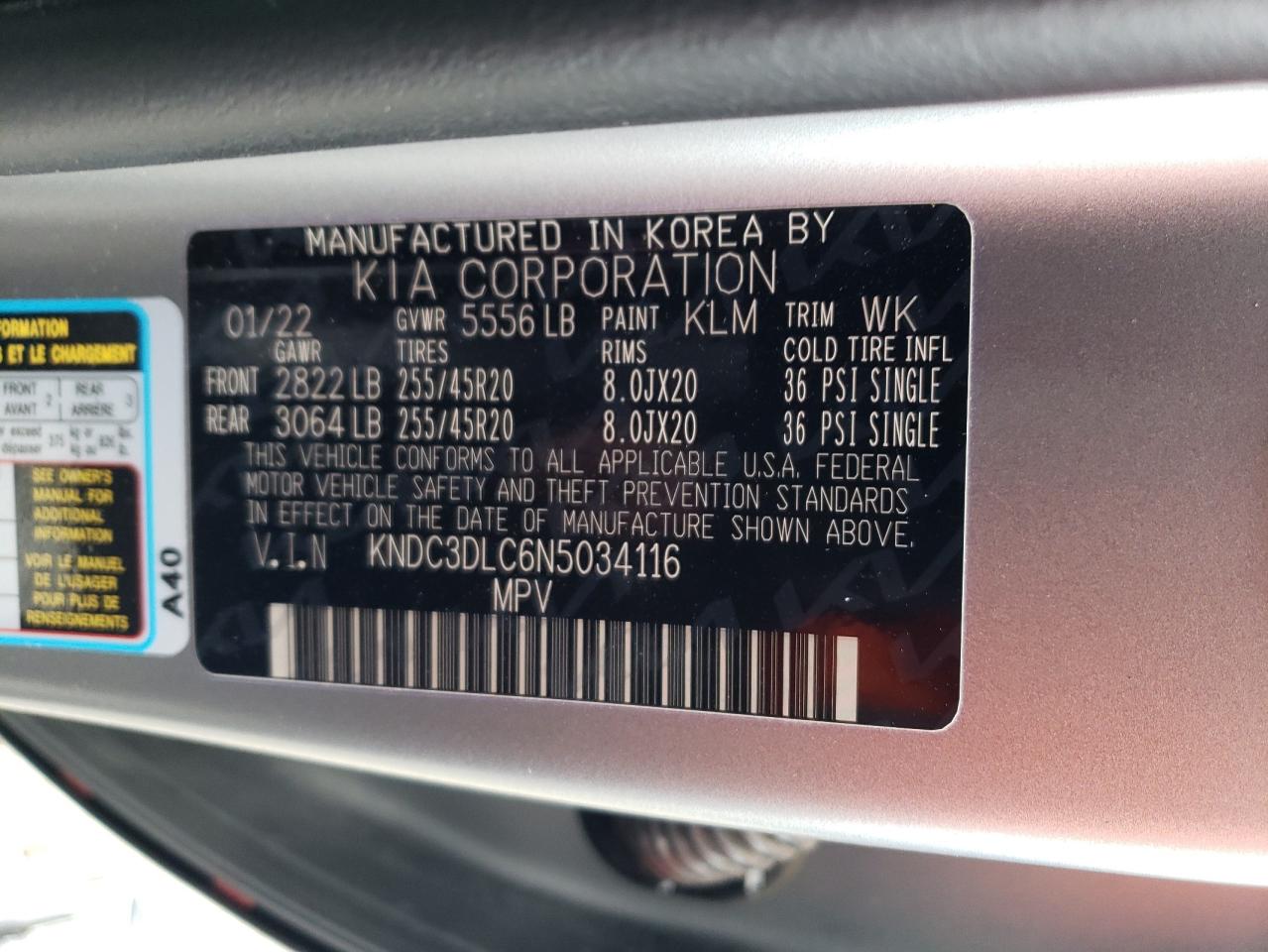 2022 KIA EV6 LIGHT VIN:KNDC3DLC6N5034116