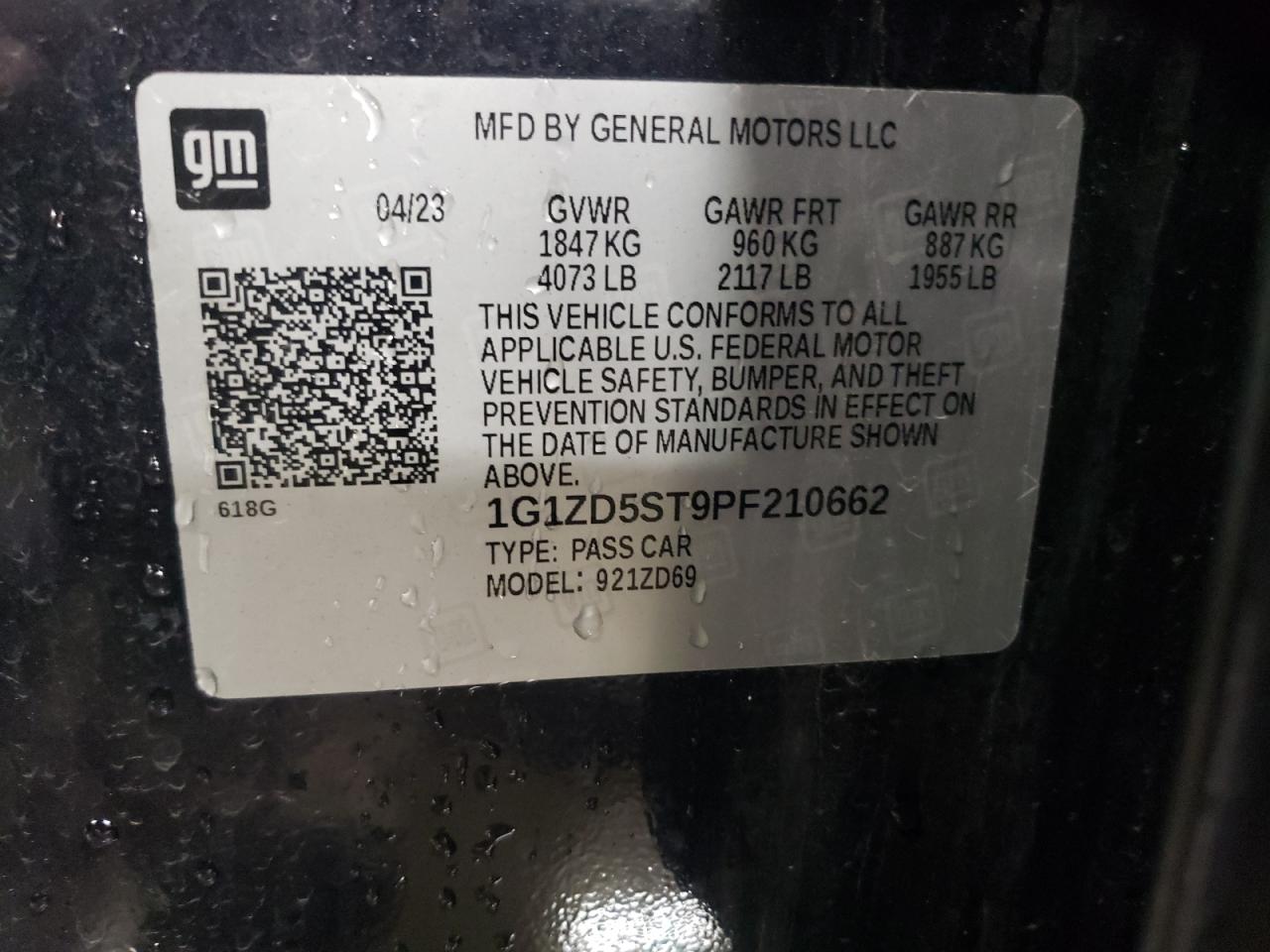 2023 CHEVROLET MALIBU LT VIN:1G1ZD5ST9PF210662