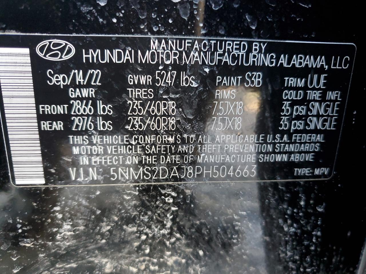 2023 HYUNDAI SANTA FE SEL VIN:WBAYM9C59FD248412