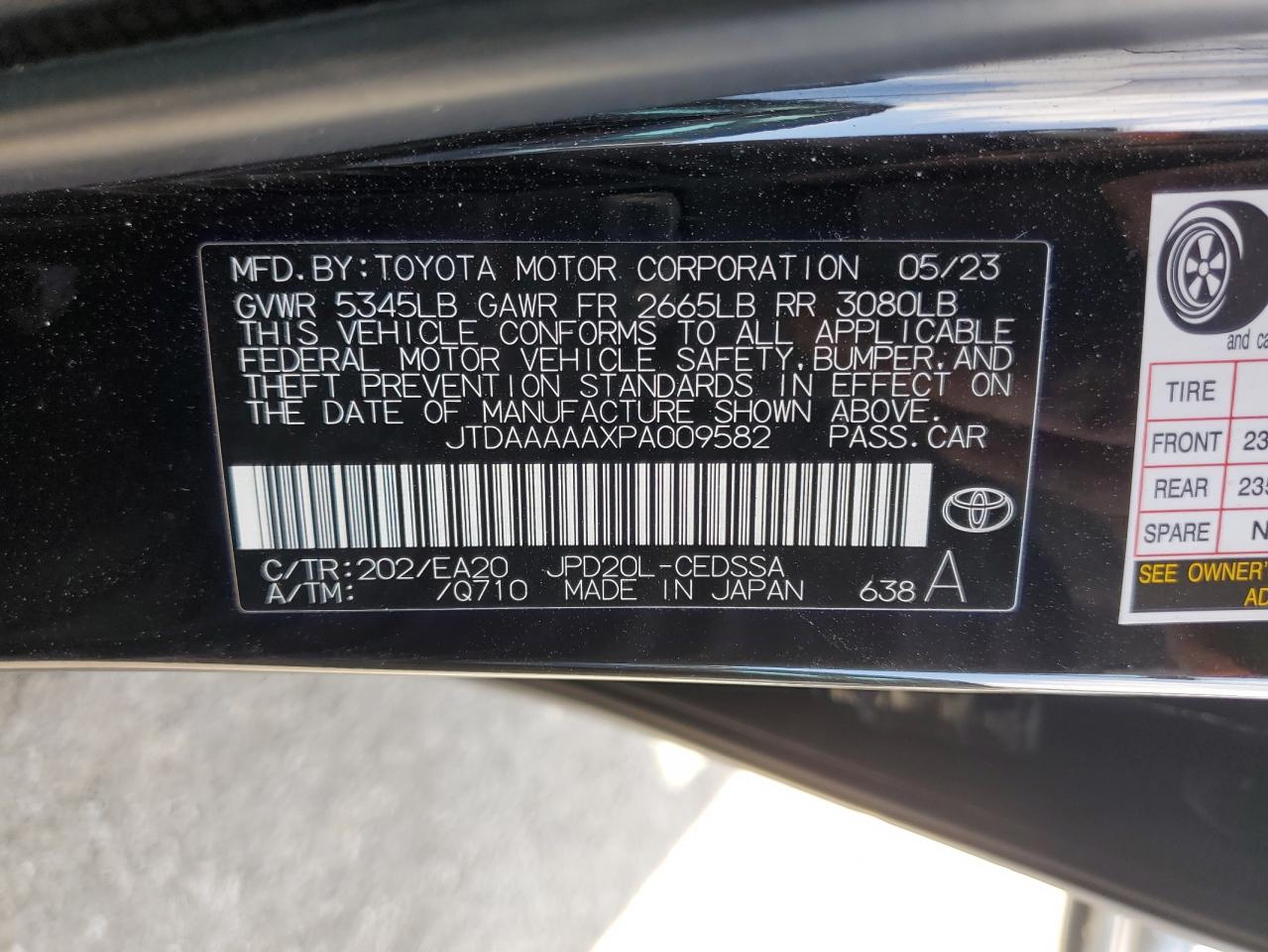 2023 TOYOTA MIRAI XLE VIN:JTDAAAAAXPA009582