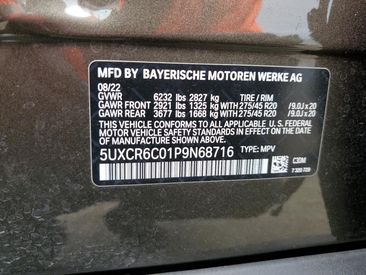 2023 BMW X5 XDRIVE40I VIN:5UXCR6C01P9N68716