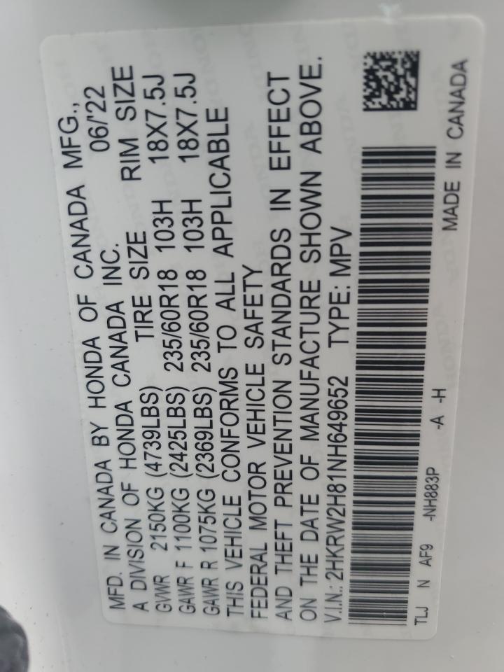 2022 HONDA CR-V EXL VIN:2HKRW2H81NH649652