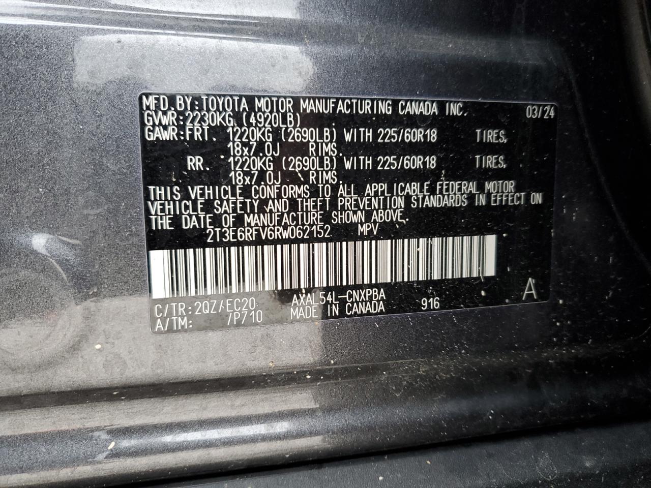 2024 TOYOTA RAV4 XSE VIN:2T3E6RFV6RW062152