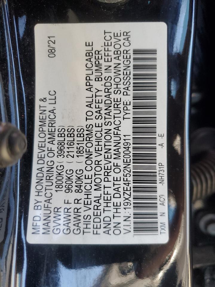2022 HONDA INSIGHT EX VIN:19XZE4F52NE004911