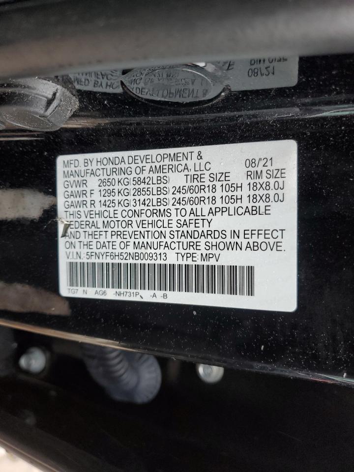 2022 HONDA PILOT EXL VIN:5FNYF6H52NB009313