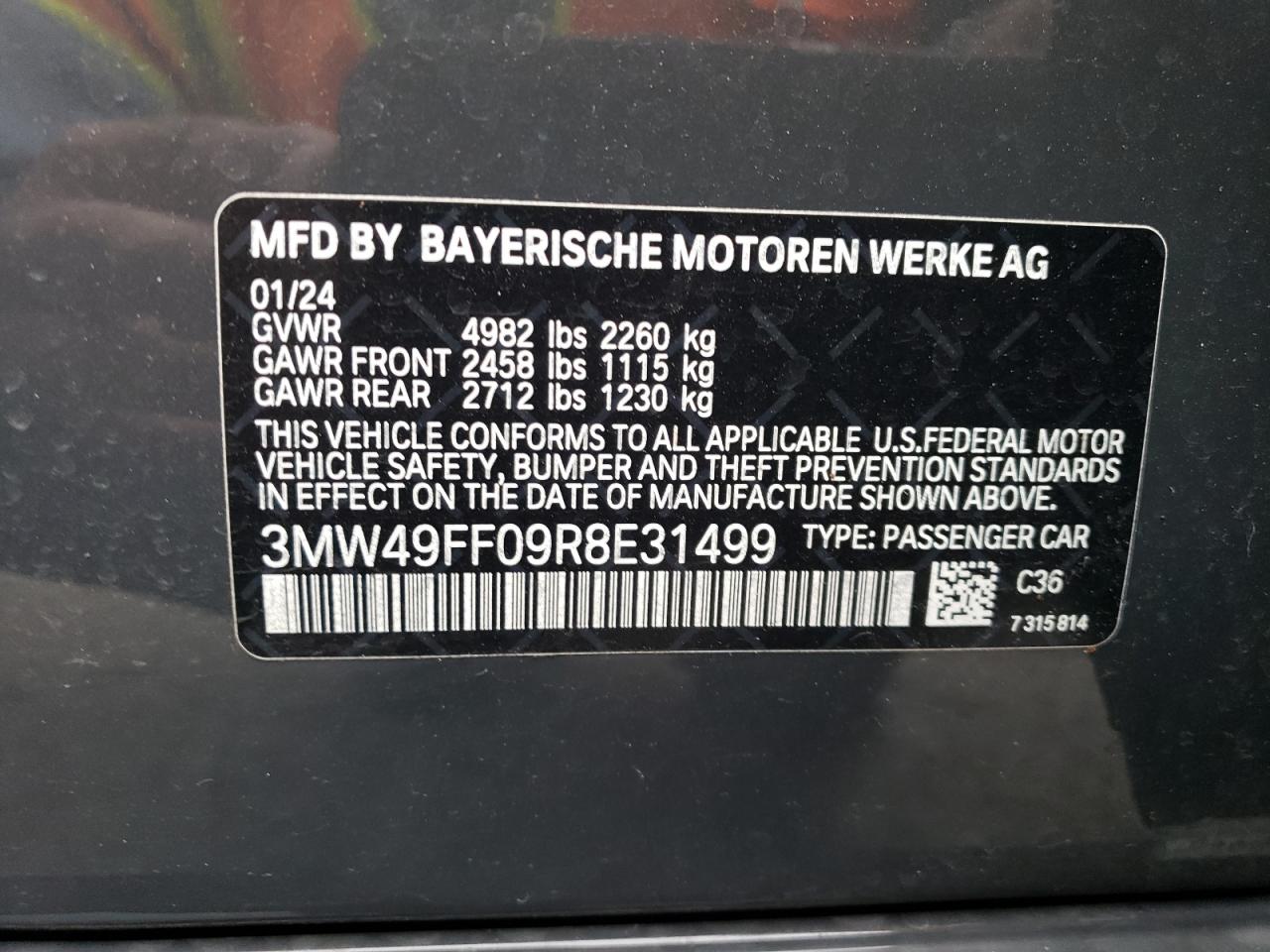 2024 BMW M340XI  VIN:3MW49FF09R8E31499