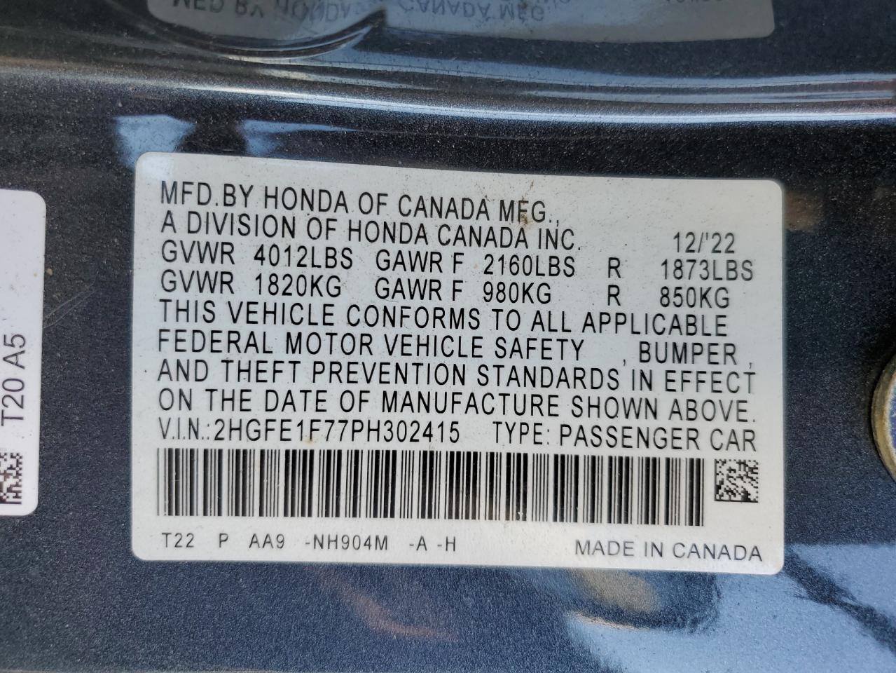2023 HONDA CIVIC EX VIN:2HGFE1F77PH302415