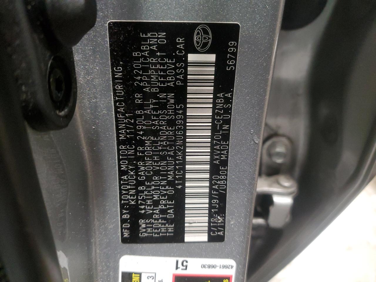 2022 TOYOTA CAMRY LE VIN:4T1C11AK2NU639945