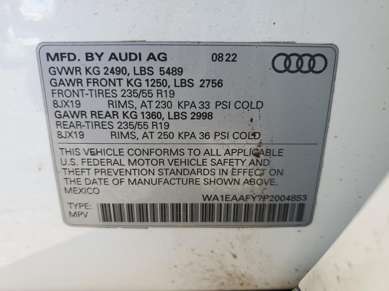 2023 AUDI Q5 PREMIUM PLUS 45 VIN:WA1EAAFY7P2004853