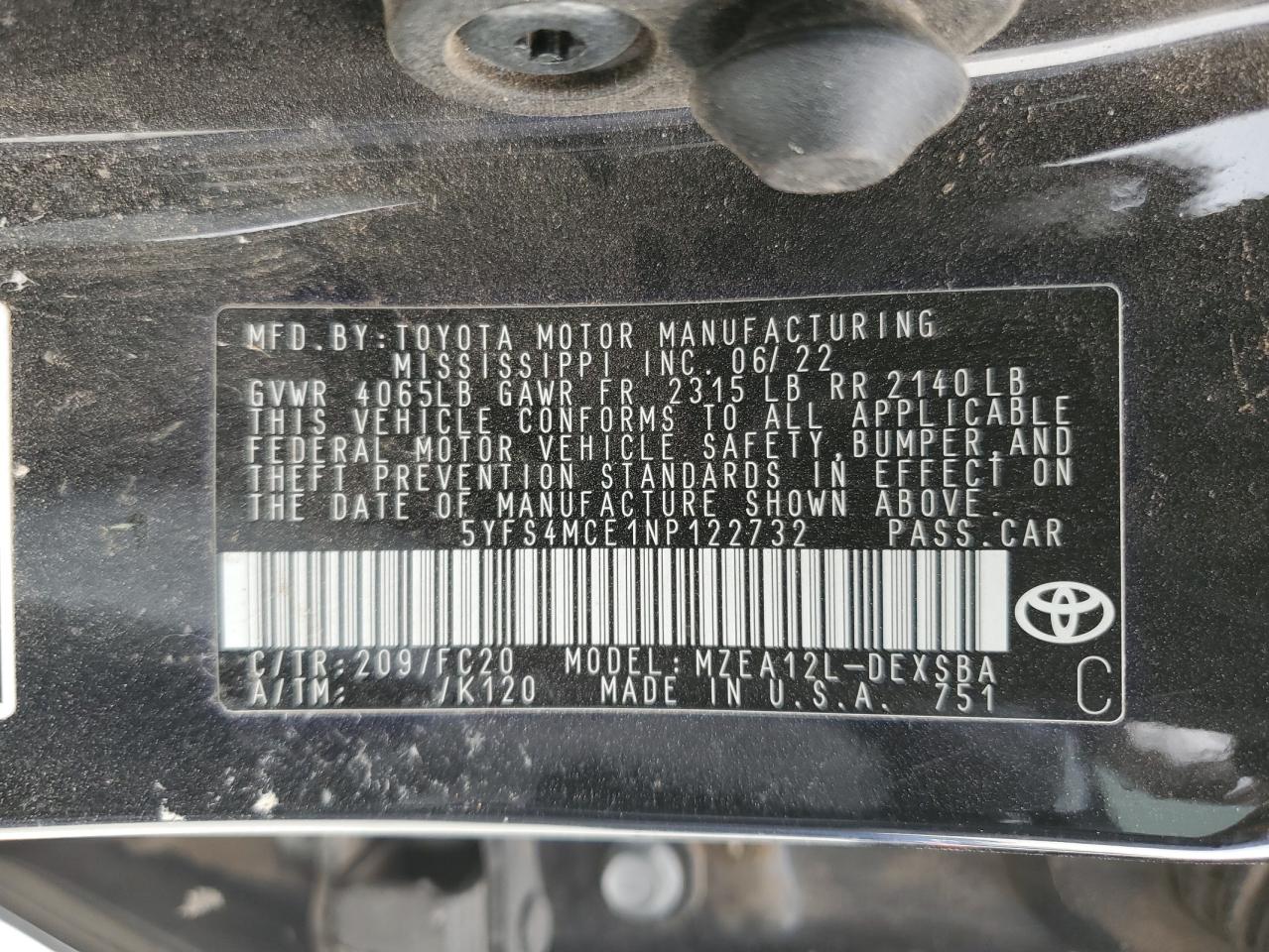 2022 TOYOTA COROLLA SE VIN:5YFS4MCE1NP122732