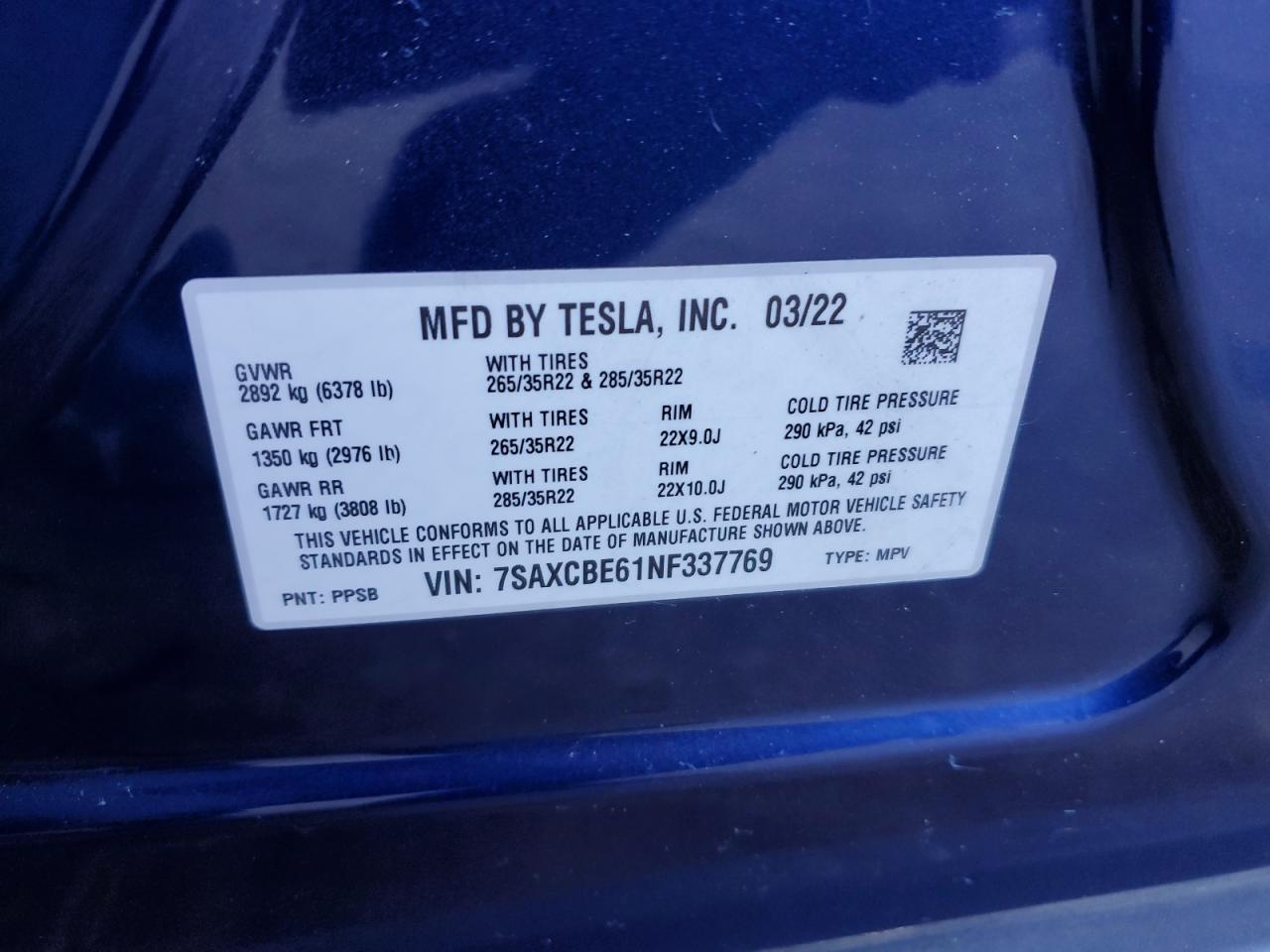2022 TESLA MODEL X  VIN:7SAXCBE61NF337769