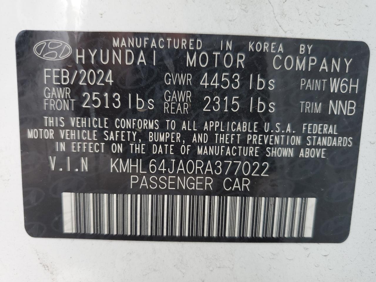 2024 HYUNDAI SONATA SEL VIN:KMHL64JA0RA377022