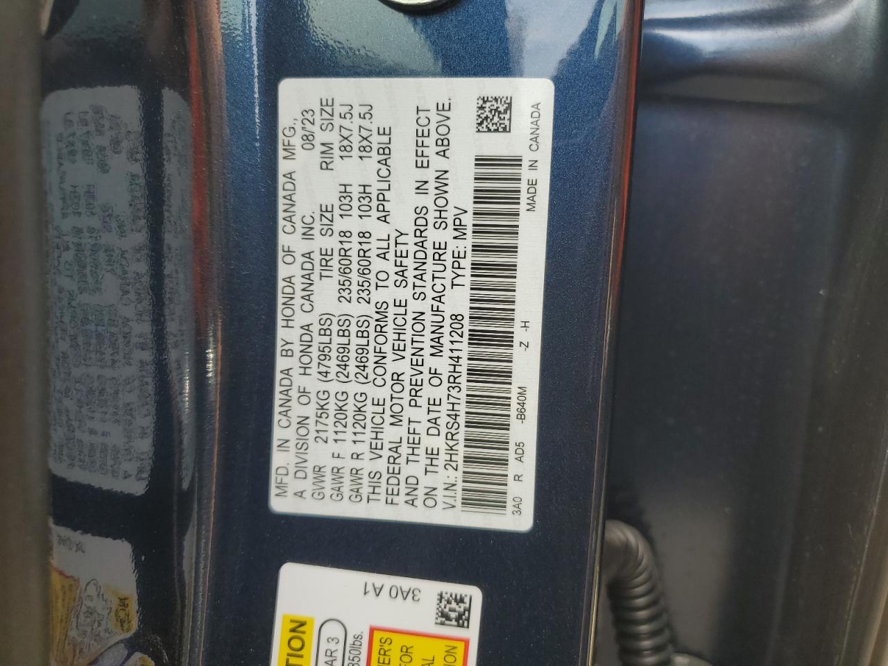 2024 HONDA CR-V EXL VIN:2HKRS4H73RH411208