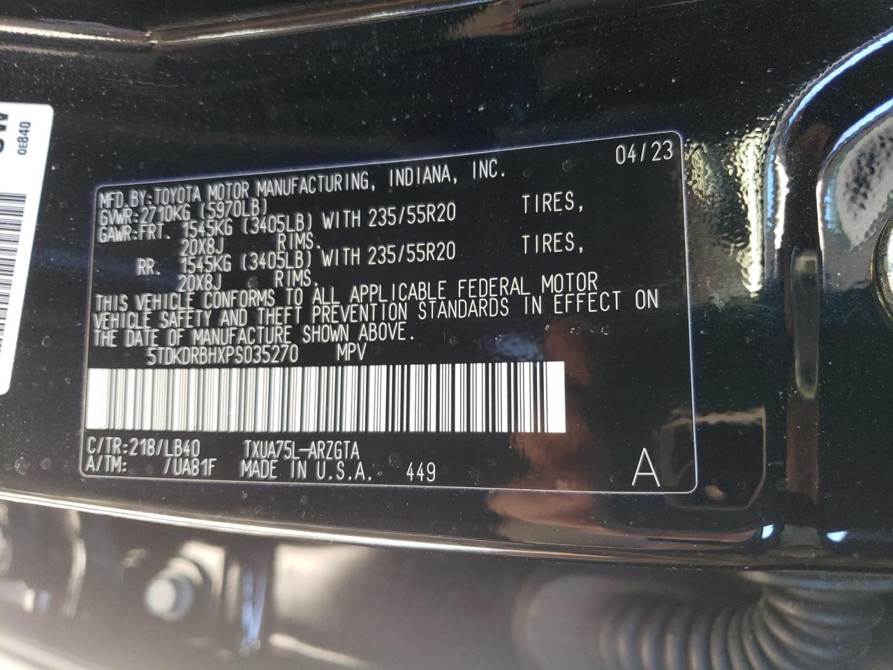 2023 TOYOTA HIGHLANDER L VIN:5TDKDRBHXPS035270