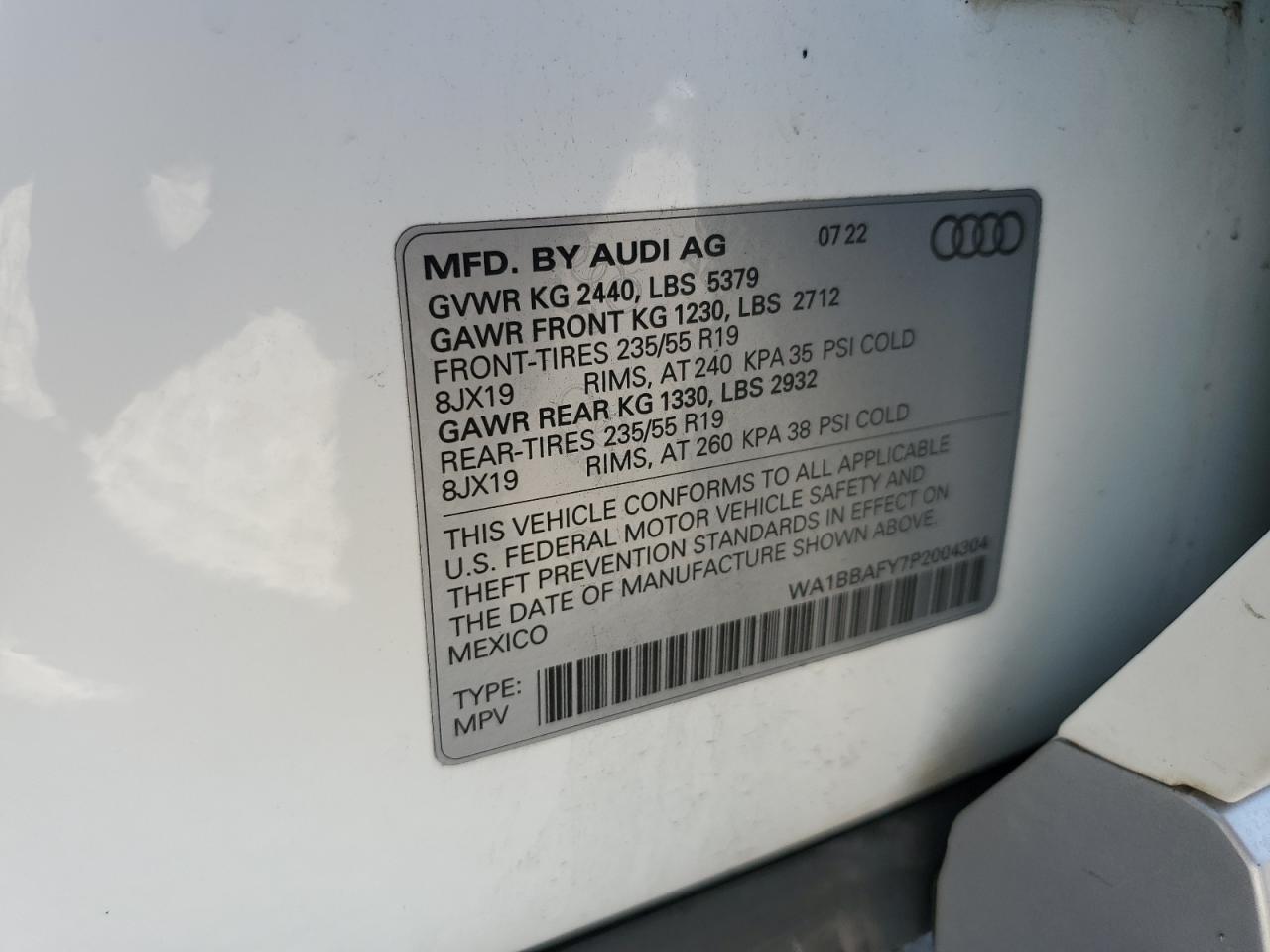 2023 AUDI Q5 PREMIUM PLUS 40 VIN:WA1BBAFY7P2004304