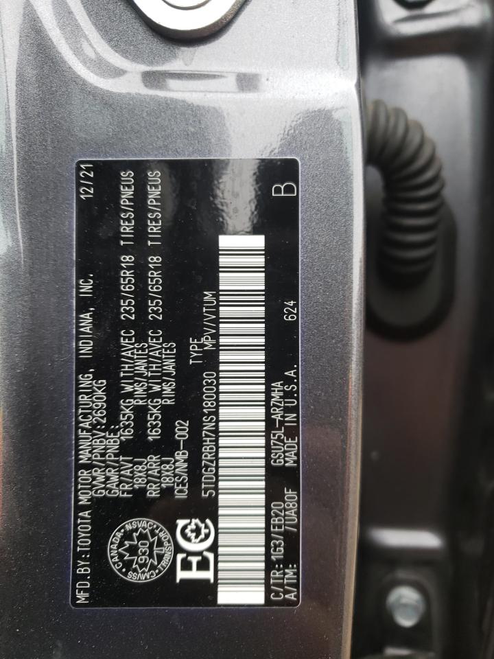 2022 TOYOTA HIGHLANDER XLE VIN:5TDGZRBH7NS180030