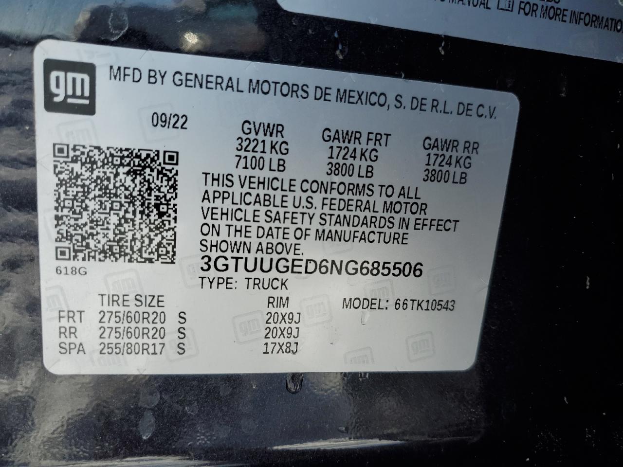 2022 GMC SIERRA K1500 DENALI VIN:3GTUUGED6NG685506