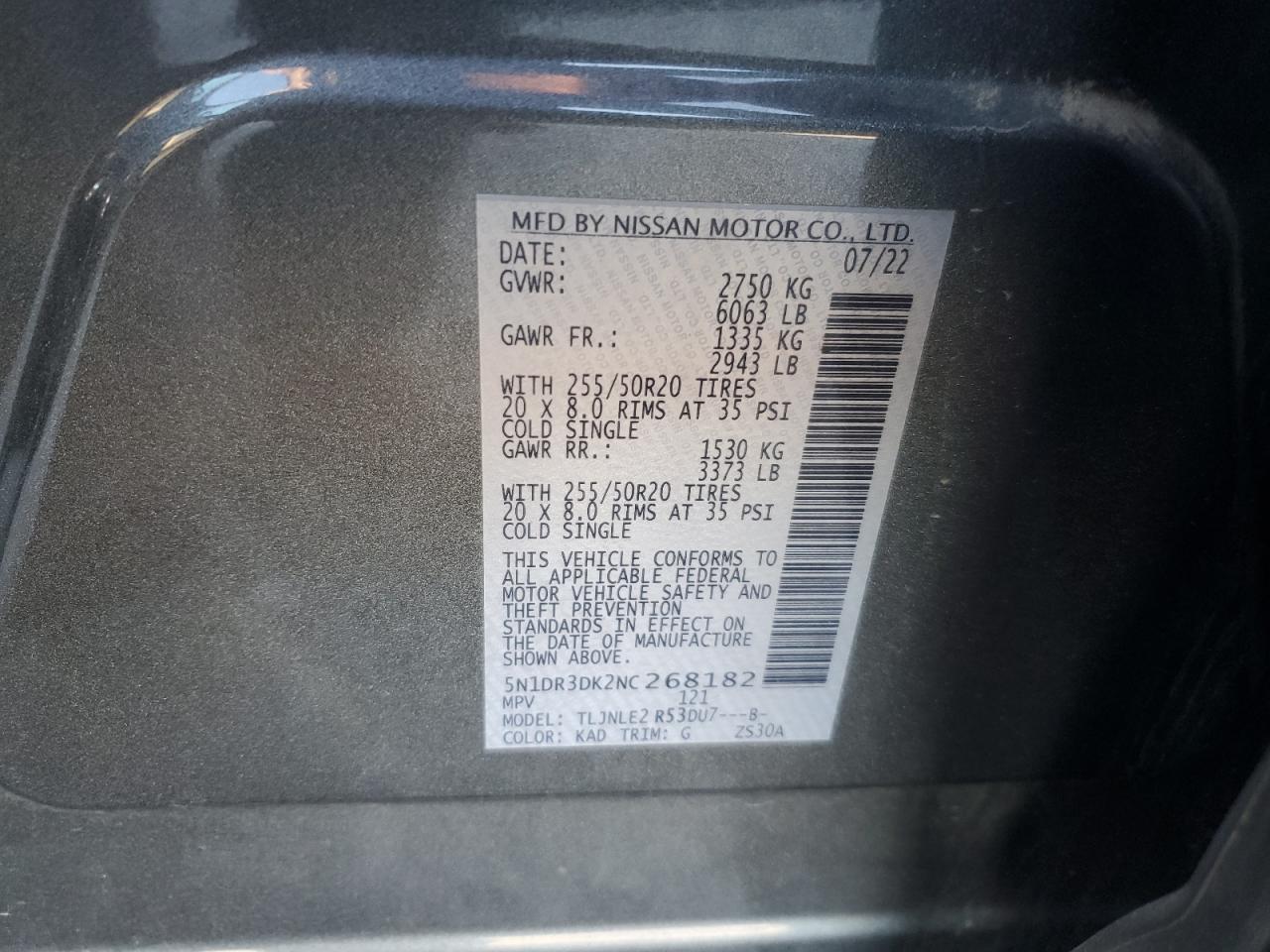 2022 NISSAN PATHFINDER PLATINUM VIN:5N1DR3DK2NC268182