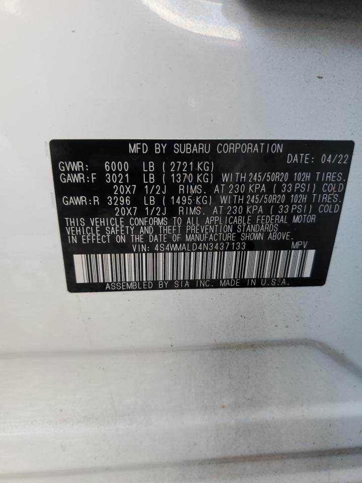 2022 SUBARU ASCENT LIMITED VIN:4S4WMALD4N3437133