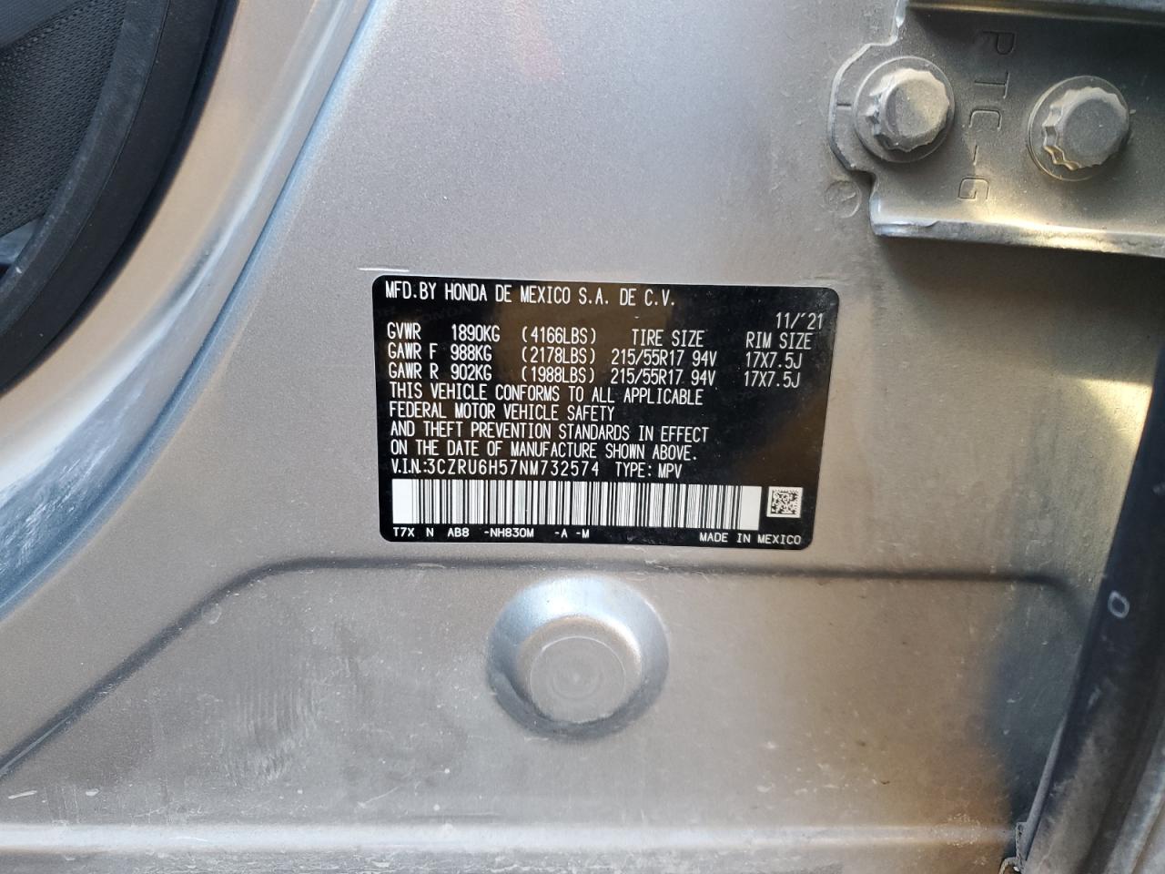 2022 HONDA HR-V EX VIN:3CZRU6H57NM732574