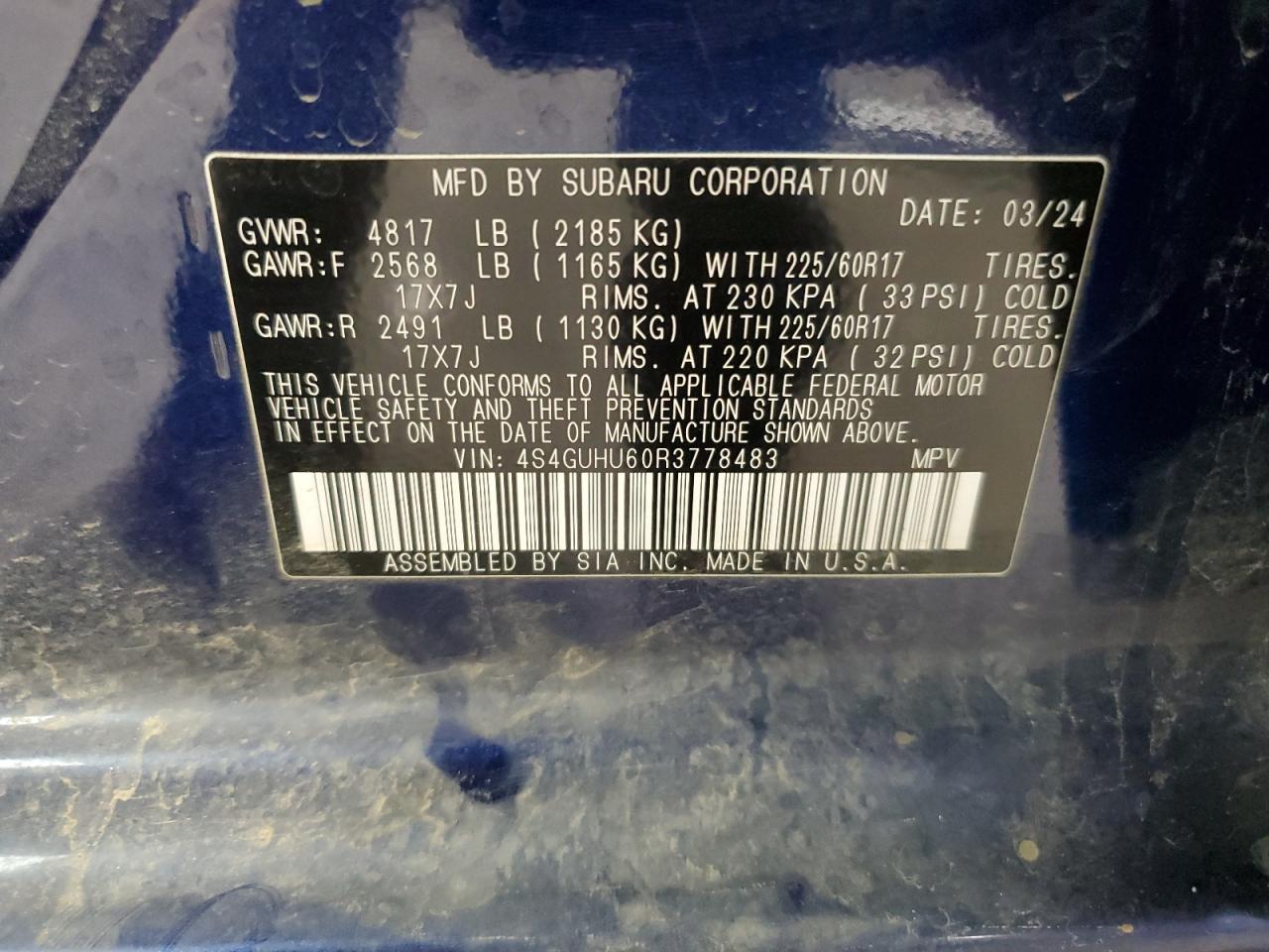 2024 SUBARU CROSSTREK WILDERNESS VIN:4S4GUHU60R3778483