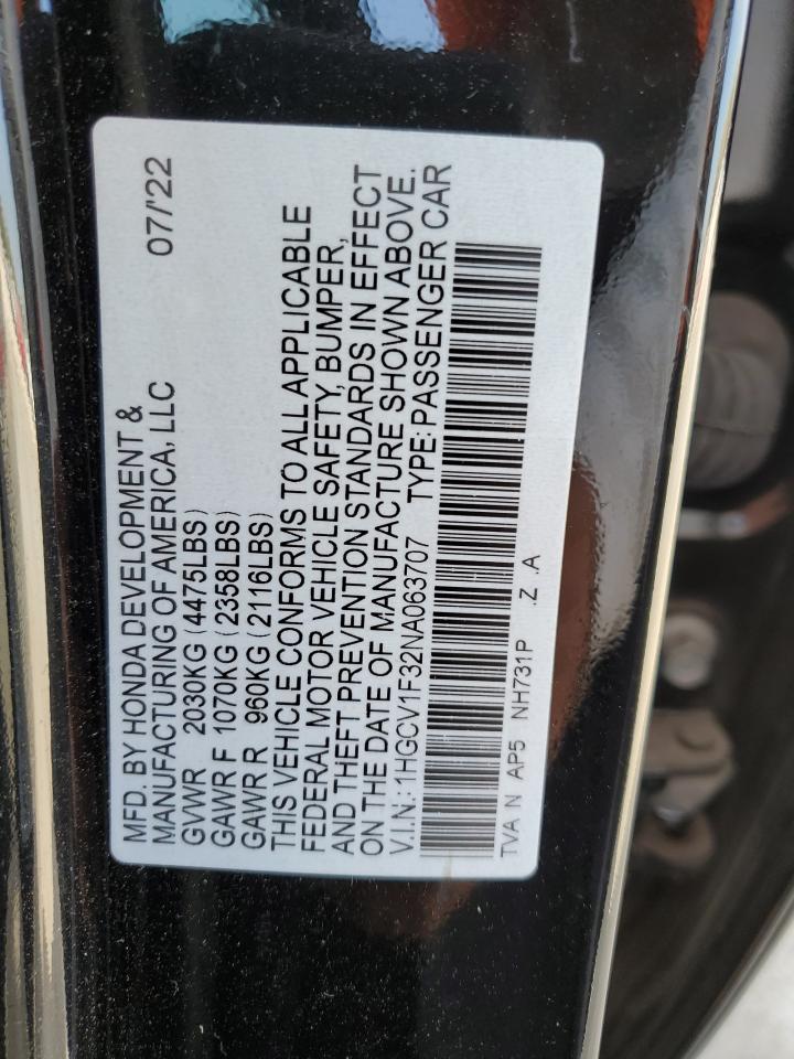 2022 HONDA ACCORD SPORT VIN:1HGCV1F32NA063707