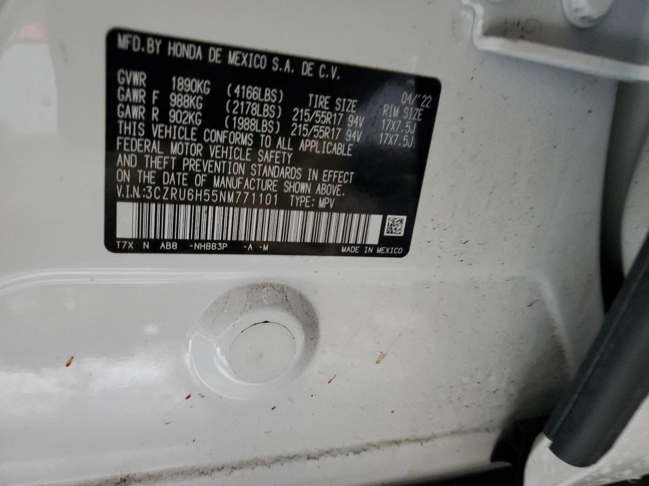 2022 HONDA HR-V EX VIN:3CZRU6H55NM771101