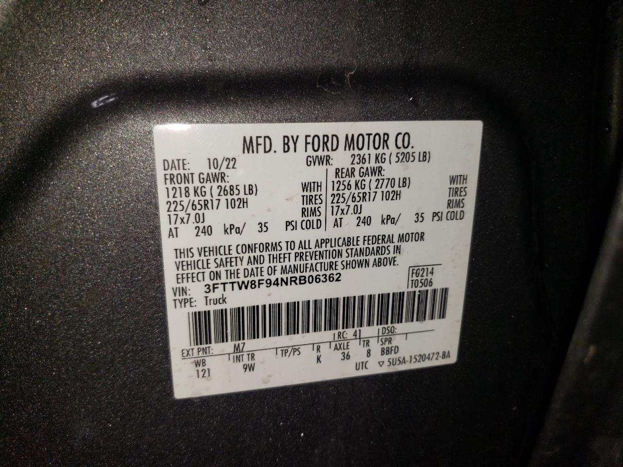 2022 FORD MAVERICK XL VIN:3FTTW8F94NRB06362