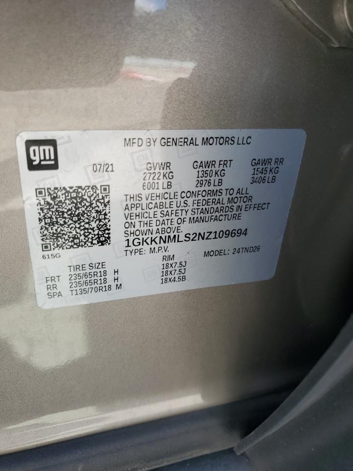 2022 GMC ACADIA SLT VIN:1GKKNMLS2NZ109694