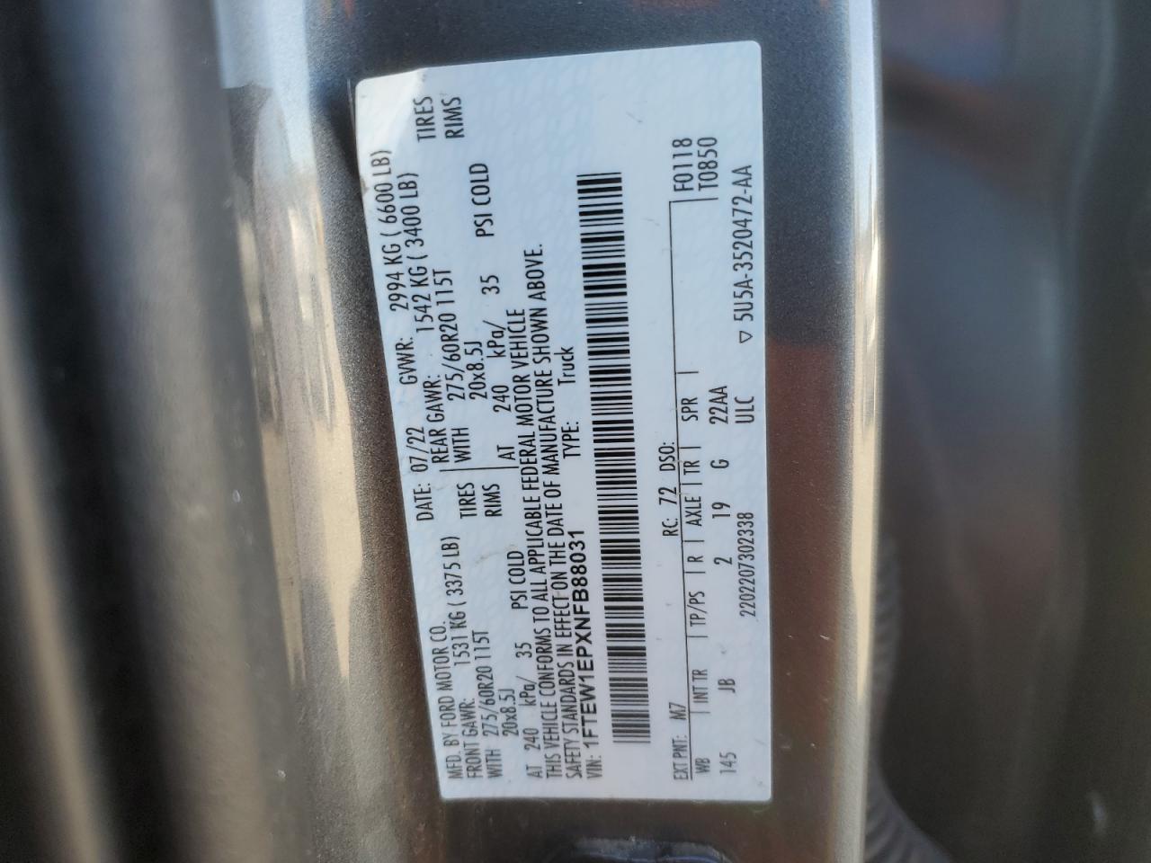 2022 FORD F150 SUPERCREW VIN:1FTEW1EPXNFB88031