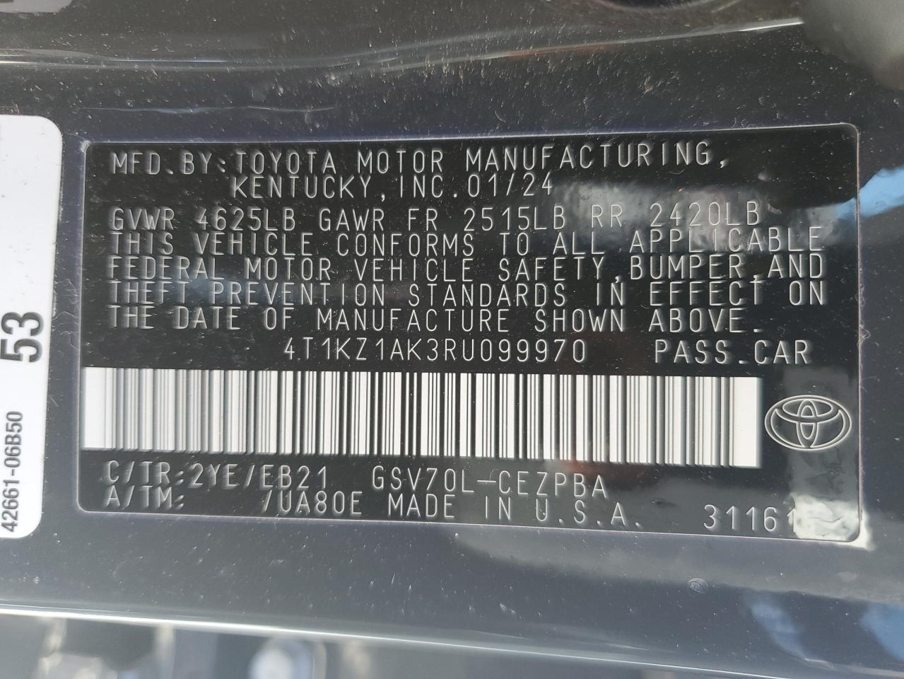 2024 TOYOTA CAMRY TRD VIN:4T1KZ1AK3RU099970