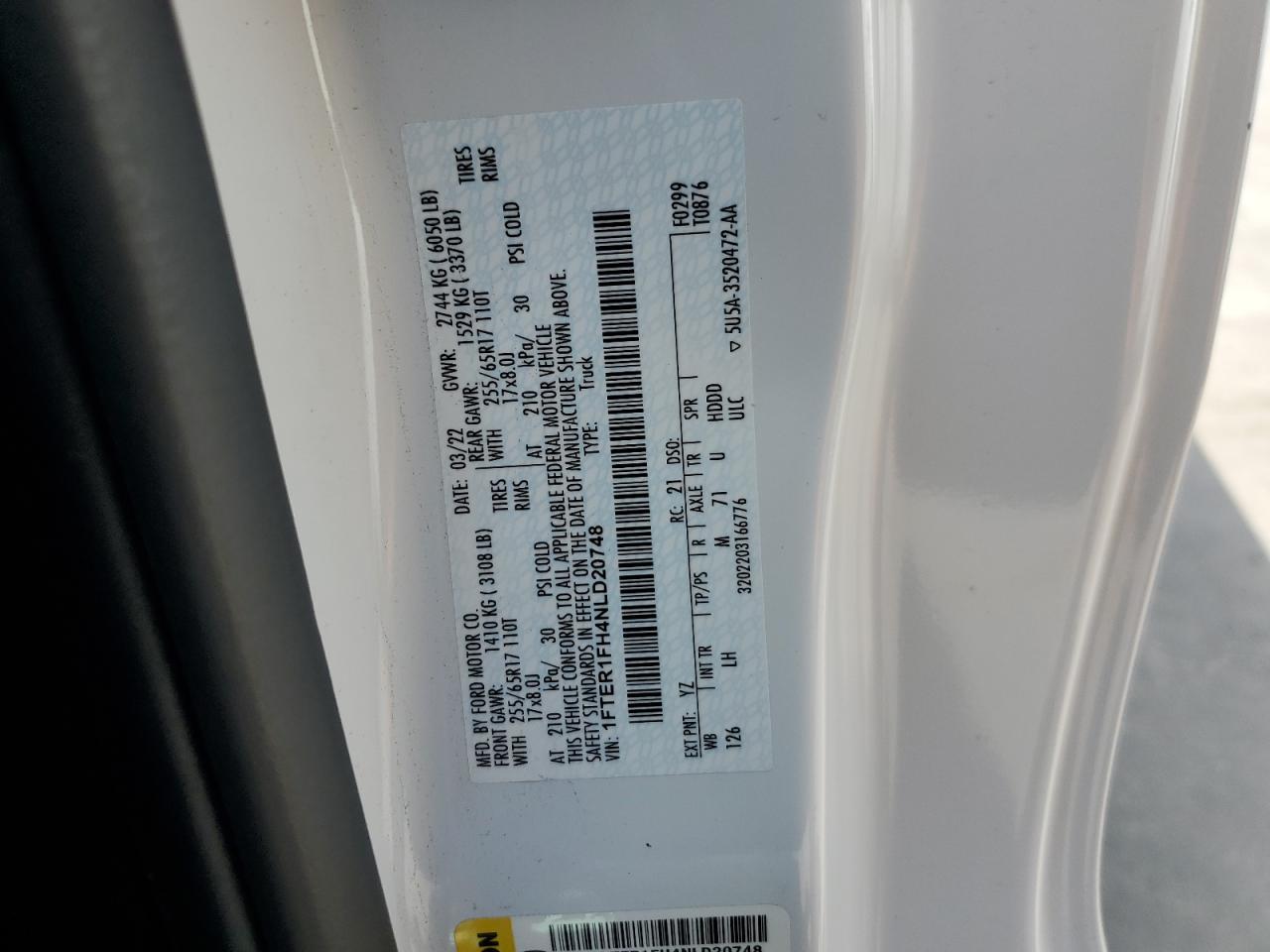 2022 FORD RANGER XL VIN:1FTER1FH4NLD20748