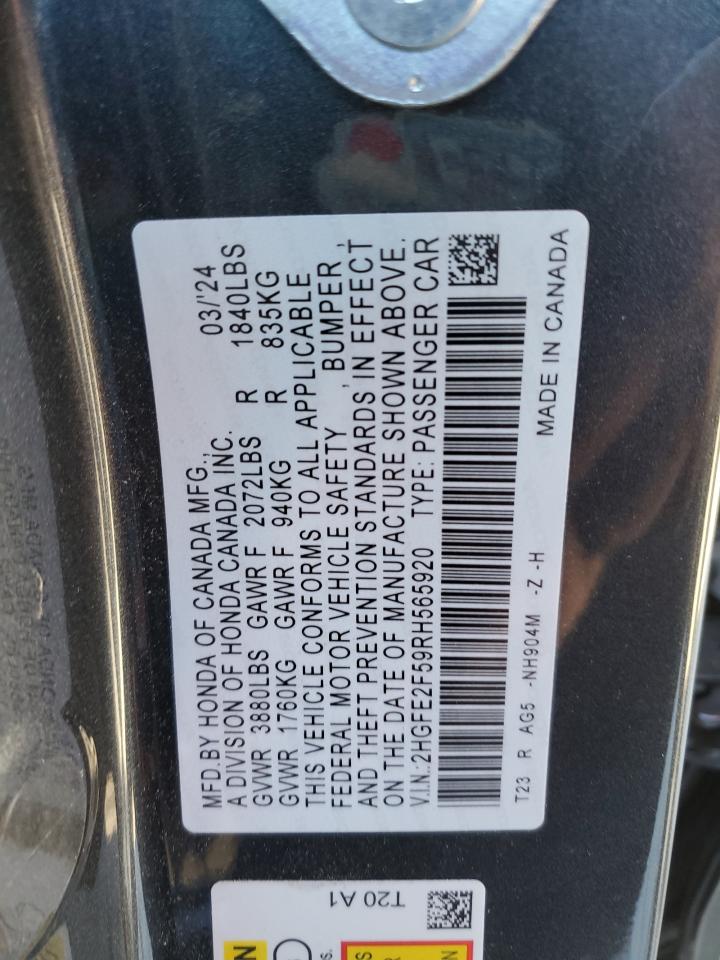 2024 HONDA CIVIC SPORT VIN:2HGFE2F59RH565920