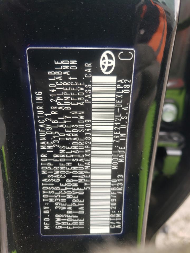 2022 TOYOTA COROLLA LE VIN:5YFEPMAEXNP283409