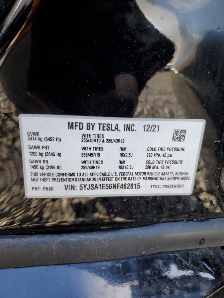 2022 TESLA MODEL S  VIN:5YJSA1E56NF462815
